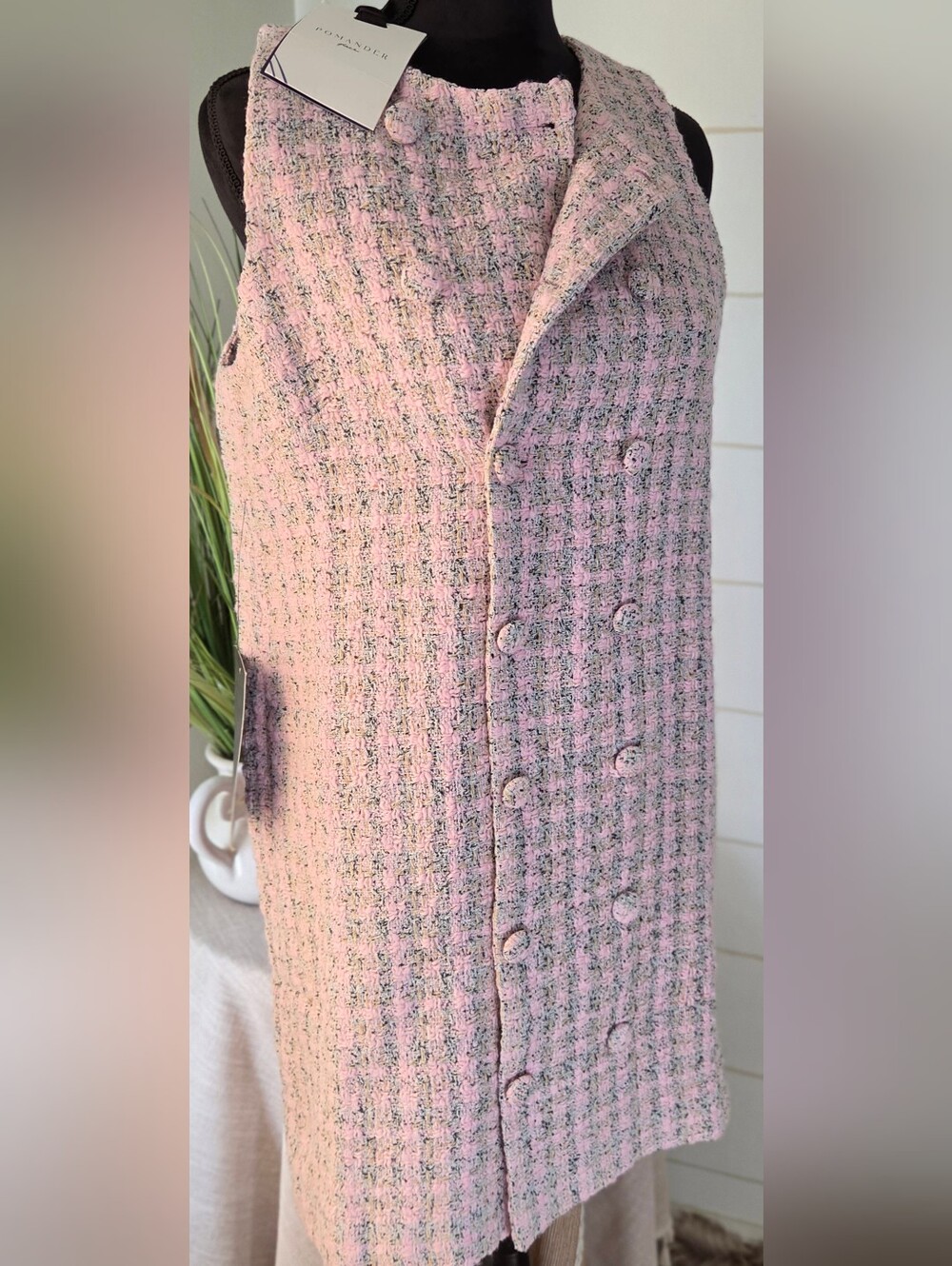 NWT Pomander Place Tuckernuck Pink Tweed Double Breasted Mini Vest Dress Large